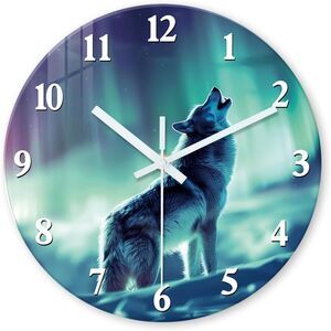 Howling Wolf Wall Clock 12 Inch Northern Lights Aurora Silent Non Ticking Decor